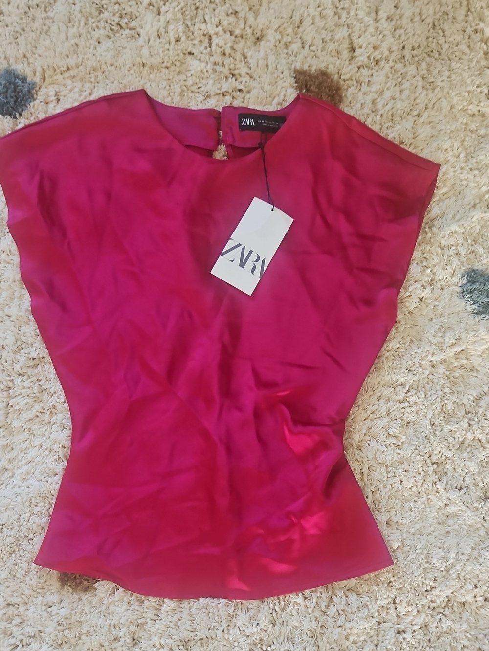 Zara Bright Fuchsia Satin Cap-Sleeve Blouse